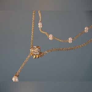 Golden Flower Pearl 2 Layer Necklace